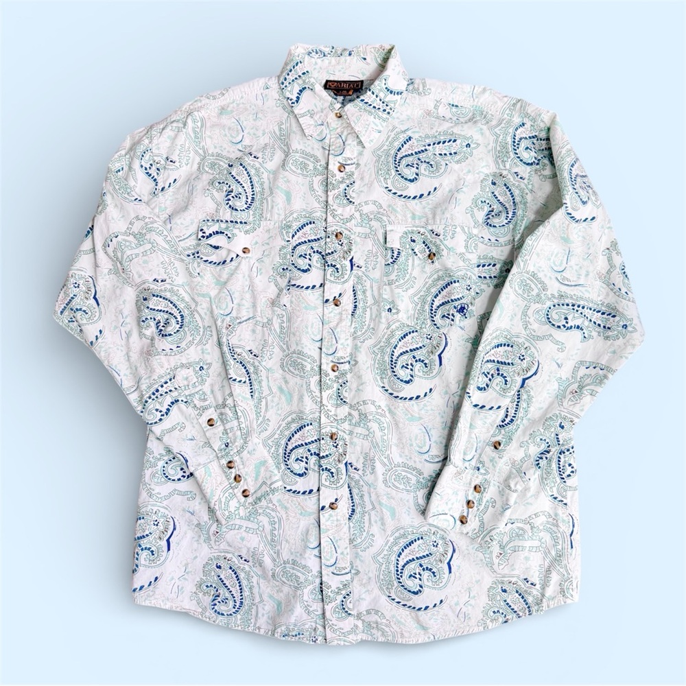 ARIAT Western Tigers Eye Snap Button Shirt Size LARGE Paisley Long Sleeve White